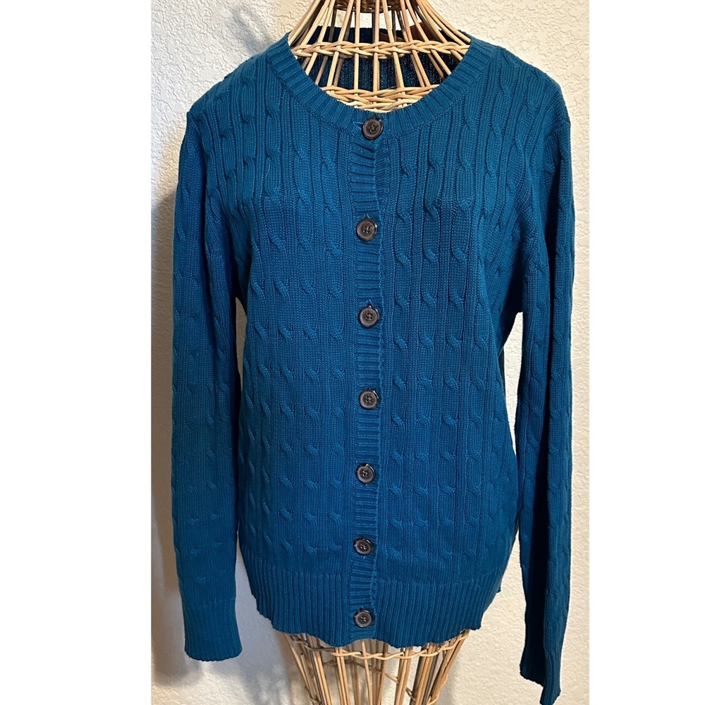 New NorthCrest Classic Teal Blue Cable Knit Cotton Button Up Cardigan Sweater M